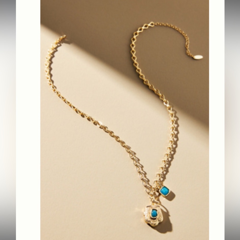 Anthropologie Gold Scallop Locket Necklace with Turquoise Accent